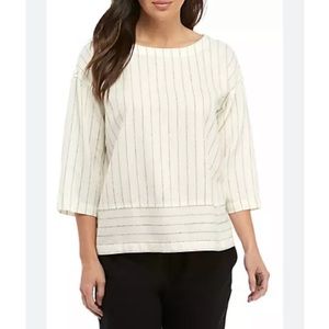 Eileen Fisher Petite ivory white black striped boat neck gauze blouse tunic